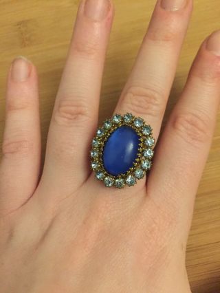 Vintage Antique Deco Blue Crystal Moon Stone Glass Paste Adjustable Ring Gold To