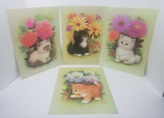 Kitten Litho Prints Set (4) Cats In Flowers 1960s K Chin Kitty Retro Vintage Art