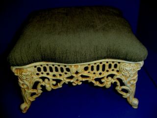 Vintage Antique Cast Iron Ornate Victorian Foot Stool Gray/green Upholstery