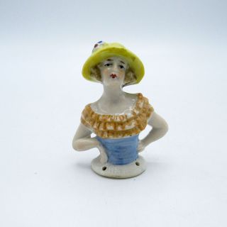 Antique Half Doll Germany Hands On Hip Yellow Hat Bonnet 2 - 1/8 ",  Nr