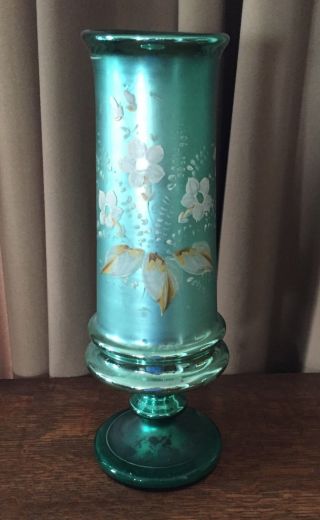 Antique Victorian Mercury Glass Vase Hand Painted - 12 1/2 " Blue/green & White