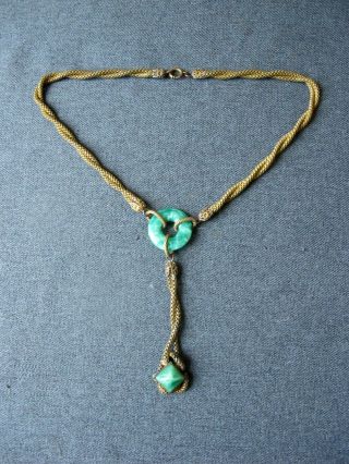 Antique Art Deco Green Peking Glass Mesh Golden Metal Necklace With Tassel