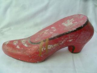 Antique Solid Concrete Door Stop Ladies Full Sized Shoe Red Painted,  Aged Patina
