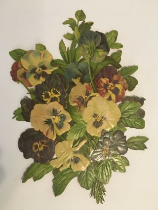 Antique Victorian Large Floral Bouquet Of Pansies Scraps Embossed Die Cut