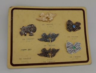 Antique Vtg Sample Book Of 6 Pin Brooch Birds Flowers Metal Tin Germany Jewelry