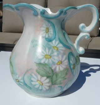 Vintage Hand Painted Blue Green China Pitcher With Daisies 6 " Tall
