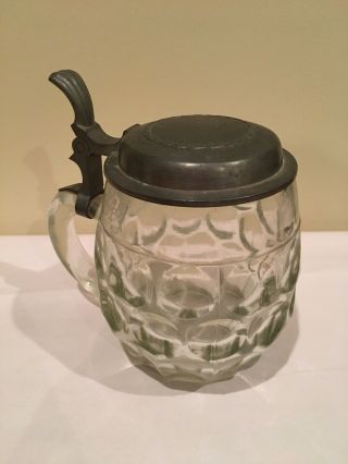 Antique Glass Beer Stein With Pewter Lid,  Pre - Ww2, .  5l