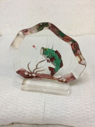 Vintage Wald Modernism Lucite Sculpture Hand Carved Painted Fish & Lure