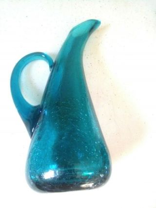 Antique Turquoise Pitcher Decanter Hand Blown Art Crackle Glass 12 3/4 " Tall