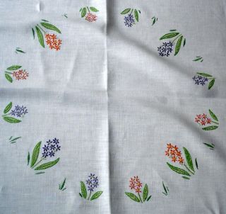 Vintage Hand Embroidered Flowers & Leaves White Linen Tablecloth