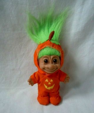 Vintage Russ Troll Doll Halloween Orange Pumpkin Costume Green Hair