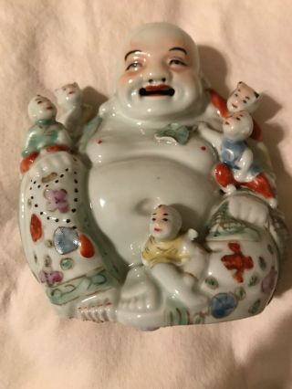 Antique Chinese Famille Rose Porcelain Laughing Buddha W 5 Children,  No Chip6x6”