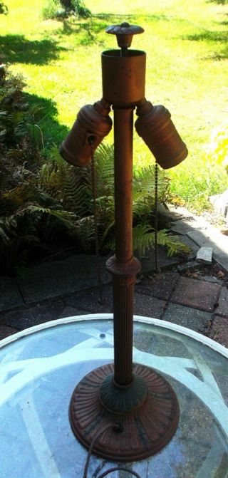 Antique Leaded Slag Glass Reverse Painted Metal Lamp Base 21 " Tall 2 Socket