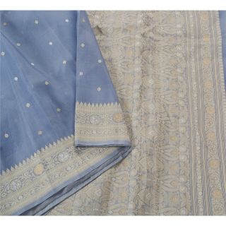 Sanskriti Vintage Blue Saree Pure Silk Woven Craft 5 Yd Fabric Premium Sari