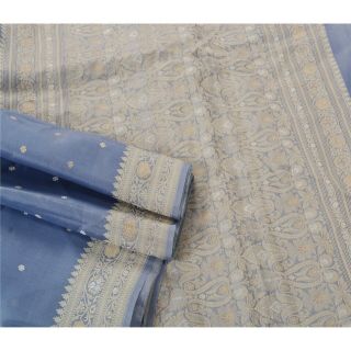 Sanskriti Vintage Blue Saree Pure Silk Woven Craft 5 Yd Fabric Premium Sari 3