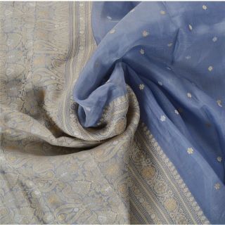Sanskriti Vintage Blue Saree Pure Silk Woven Craft 5 Yd Fabric Premium Sari 5