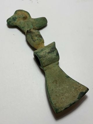 PERFECT ANCIENT ROMAN BRONZE AXE WITH BUST ANIMAL 100 AD 195,  1gr 135,  0mm 4