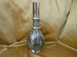 ANTIQUE JAPANESE EXPORT STERLING SILVER BAMBOO OVERLAY DECANTER 12 3/4 3