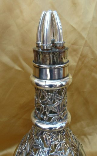 ANTIQUE JAPANESE EXPORT STERLING SILVER BAMBOO OVERLAY DECANTER 12 3/4 4
