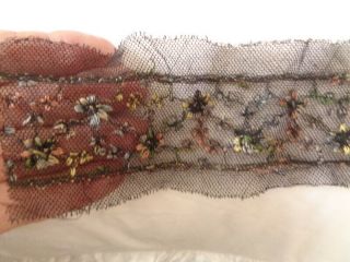 Ethereal Victorian Era Silk Embroidered Flowers On Black Tulle Fragment