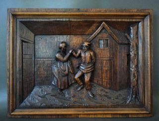 Antique French Architectural 19th.  C Carved Oak Wood Wall Panel Of Dancing Breton