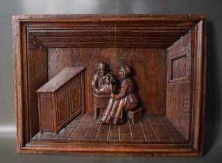 Antique French Architectural 19th.  C Carved Oak Wood Wall Panel Of Breton Peasant