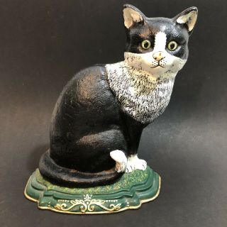 Cat Door Stop Vintage Iron Large Black And White Cat Green Eyes 11 1/2 " Height