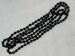 True Antique French Jet Black Faceted Bead Flapper Necklace Handknotted