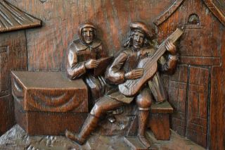 Architectural 19th.  C Carved Oak Wood Wall Panel of Breton Men Playing Music 2