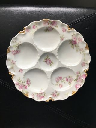 Antique Limoges France 91/4” Handprinted Oyster Plate White W/pink Flowers &gold