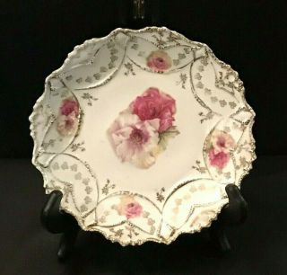 Antique Rs Prussia Pink Floral Porcelain Plate Bowl 8 1/2” With Beaded Trim