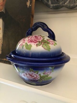 Vintage Antique Porcelain Ironstone Flow Blue Pink Cabbage Roses Soap Dish