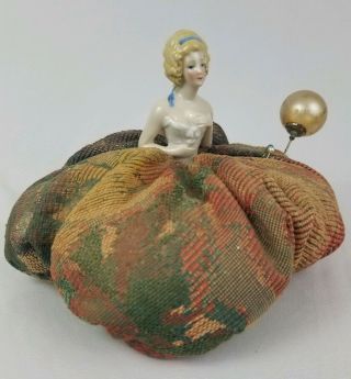 Antique Porcelain Lady Pin Cushion Boudoir With Large Push Pin