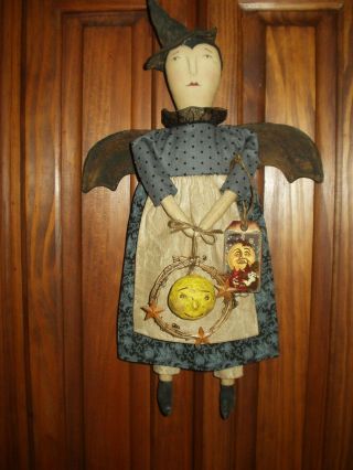 Primitive Folk Art Bat Witch,  Wreath,  Man In The Moon,  Rusty Stars