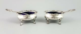 Antique Sterling Silver Pair 2 Table Salts Paw Feet Blue Glass Liners Spoons