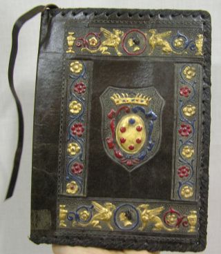 Vtg Antique Leather Book Cover Embossed Shields Griffins Floral