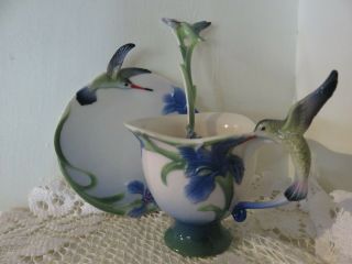 Cute Franz Porcelain Flower Iris Hummingbird Demitasse Cup,  Saucer,  Spoon Fz00027