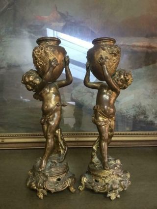 Antique Jb Jennings Brothers Bronze Cupid Angel Figures Candle Holders