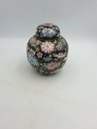 Chinese Porcelain 6.  5”lidded Ginger Jar Pot Hand Painted Multi Floral On Black
