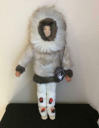 Vintage 11 " Handmade Alaskan Artist Eskimo Doll,  Bethel,  Alaska.  A/o W/tags