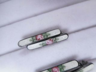 Antique Set 4 Matching Guilloche Enamel Sterling Lingerie Pins White Pink Flower 3