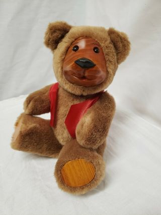 Vintage Brown Jointed Teddy Bear with a wooden face and paws wearing a red vest, 2