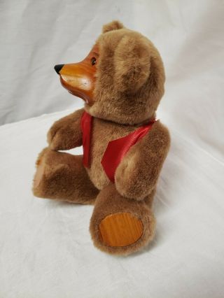 Vintage Brown Jointed Teddy Bear with a wooden face and paws wearing a red vest, 3