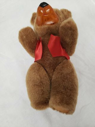 Vintage Brown Jointed Teddy Bear with a wooden face and paws wearing a red vest, 5
