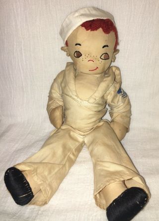 Vintage Jointed Handmade Cloth Sailor Doll Embroidered Face & Hair One Of A Kind