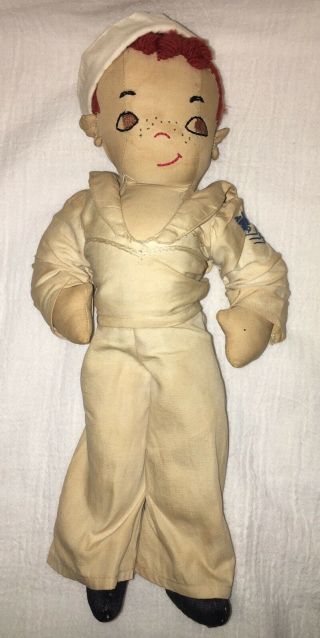 Vintage Jointed Handmade Cloth Sailor Doll Embroidered Face & Hair One Of A Kind 2