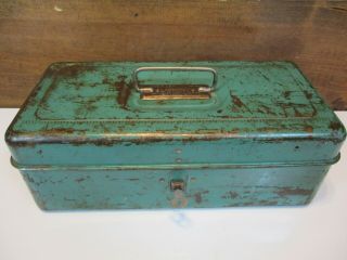 Antique Turquoise Lawrence Tackle Mfg Co Metal Box With Key Ruler Old Vintage