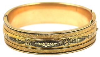 Antique Victorian Floral Black Enamel Engraved Bangle Bracelet 10k Gold Filled