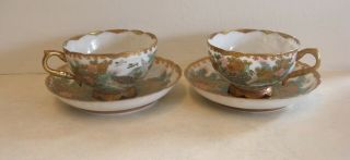 2 X Japanese Eggshell Cups And Saucers - With Quail,  Blossom And Heavy Gilding