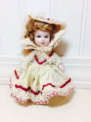 Vintage Antique 5 " Miniature Porcelain Jointed Doll Victorian Dress Little Girl